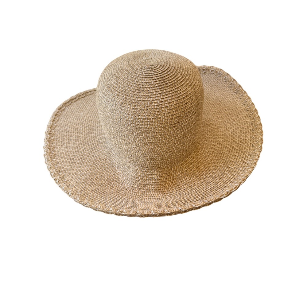 Packable Tan Woven Straw‎ Wide Brim v back Floppy Sun Hat OSFM Summer Beach